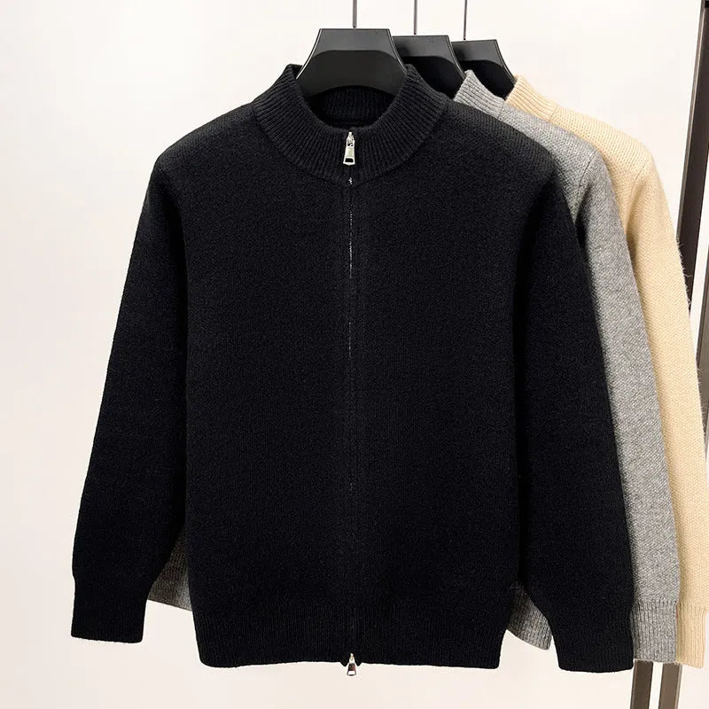 Men's grey knitted zip cardigan with stand collar showing loose fit and thickened fabric texture