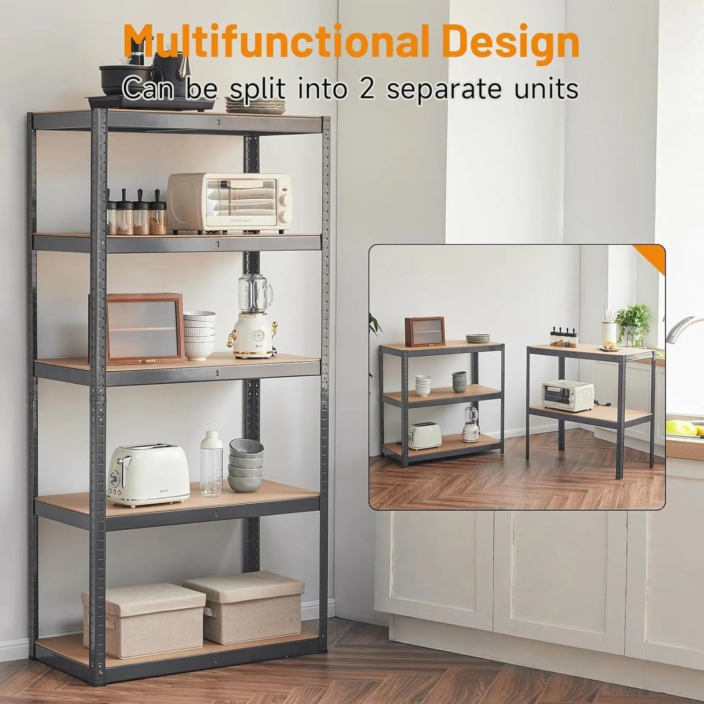 Black five-shelf floor display storage stand measuring 180cm tall