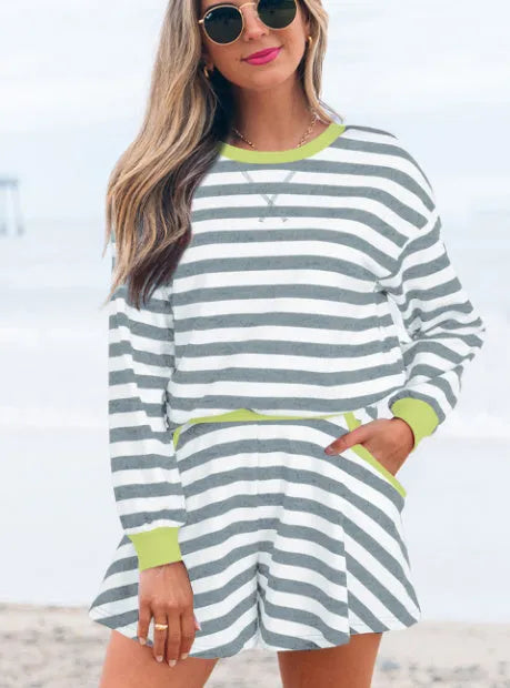 Black stripe contrast long sleeve blouse and matching shorts set with ribbed banding details