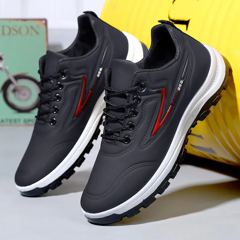 Black and red waterproof leisure sports shoes with PU upper and plastic sole