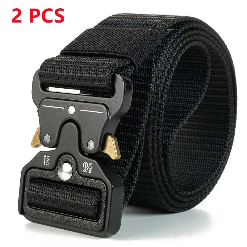 Men's thick canvas tactical belt with an alloy release buckle, shown in multiple colour options.