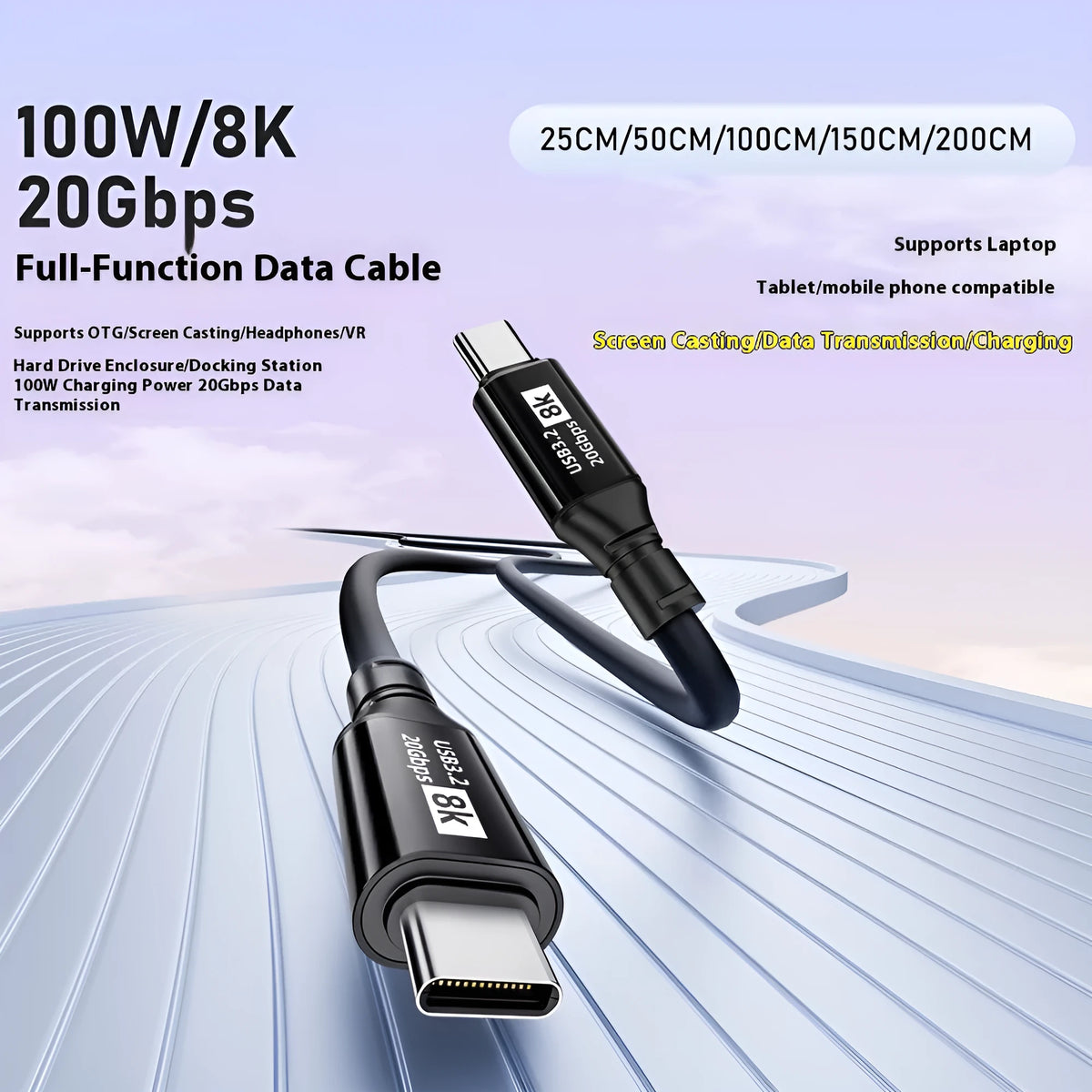 Black USB C to C HDMI cable with Type-C connectors, PVC jacket, and 8K 60Hz 20Gbps 100W ratings