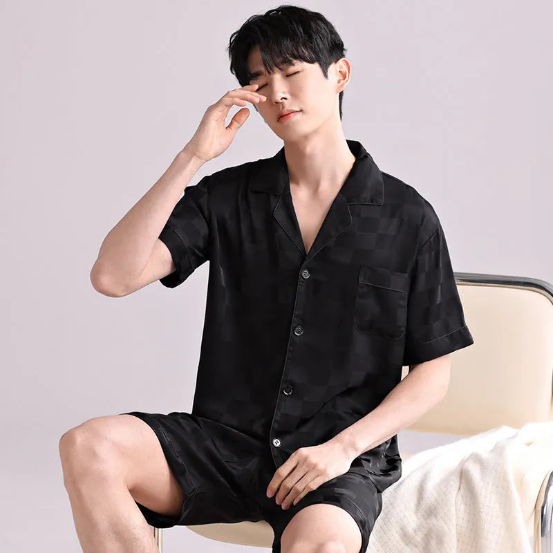 Men's lightweight ice silk pyjama set with cardigan top and short pants in satin jacquard pattern