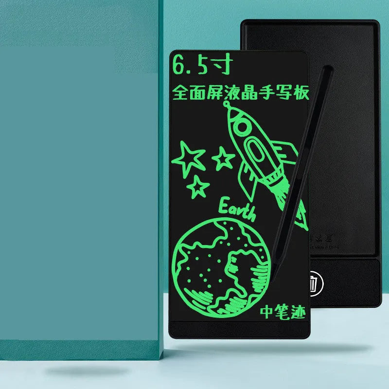 Blue student LCD handwriting tablet with stylus on a 6.5 inch screen for writing and arithmetic practice.