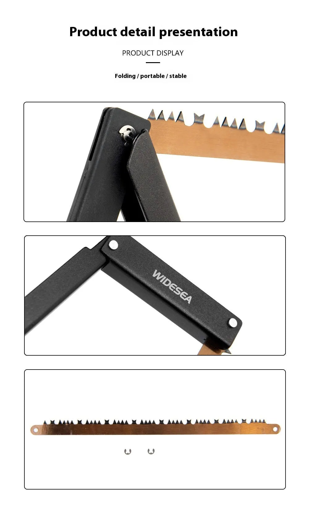 Black foldable outdoor saw with aluminium frame and PA66 nylon handle in open position.
