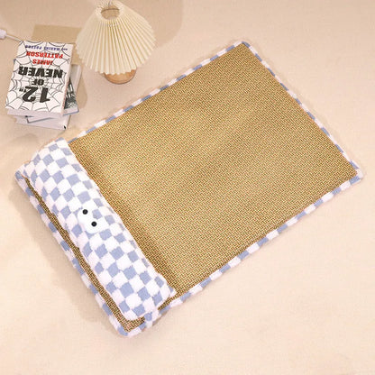Grey and yellow universal pet cushion shown in four sizes: small, medium, large, and extra-large for cats and dogs.