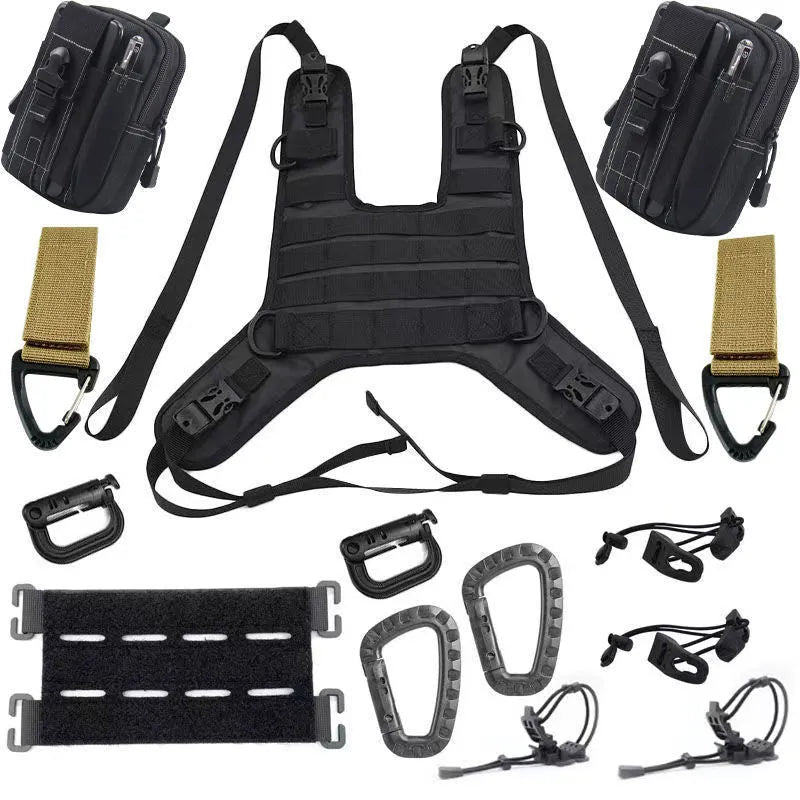 Universal black vest fuel tank bag mounting base for motorcycle tank bag, shown as a vest-style mount base