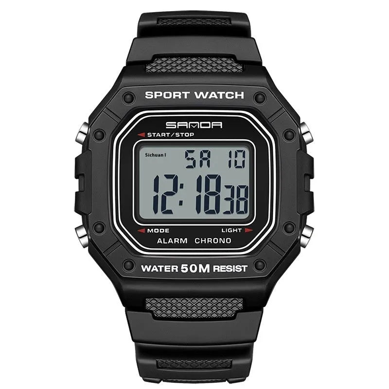 Waterproof electronic watch in multiple colour options including black, blue, green, white, and red combinations