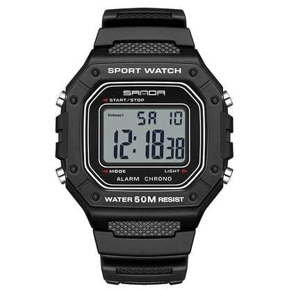 Waterproof electronic watch in multiple colour options including black, blue, green, white, and red combinations