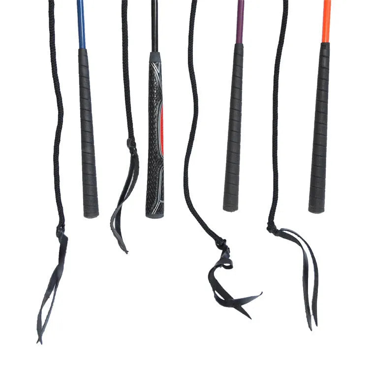 Training whip for horse riding made from durable nylon fibre glass with flexible construction, lightweight design suitable for dressage training, riding lessons, and stable handling with random colour selection available for equestrian use.