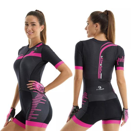 Women's summer cycling one-piece in breathable polyester, available in black, pink, and silver