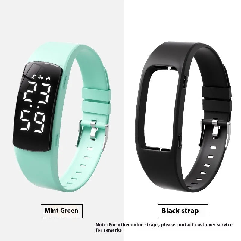 Smart electronic watch with vibration alarm on a silicone strap, showing LED display and 11mm thick case.