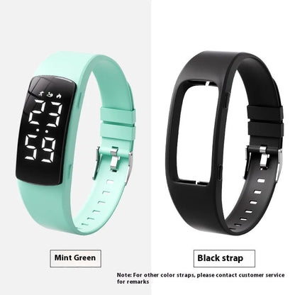 Smart electronic watch with vibration alarm on a silicone strap, showing LED display and 11mm thick case.