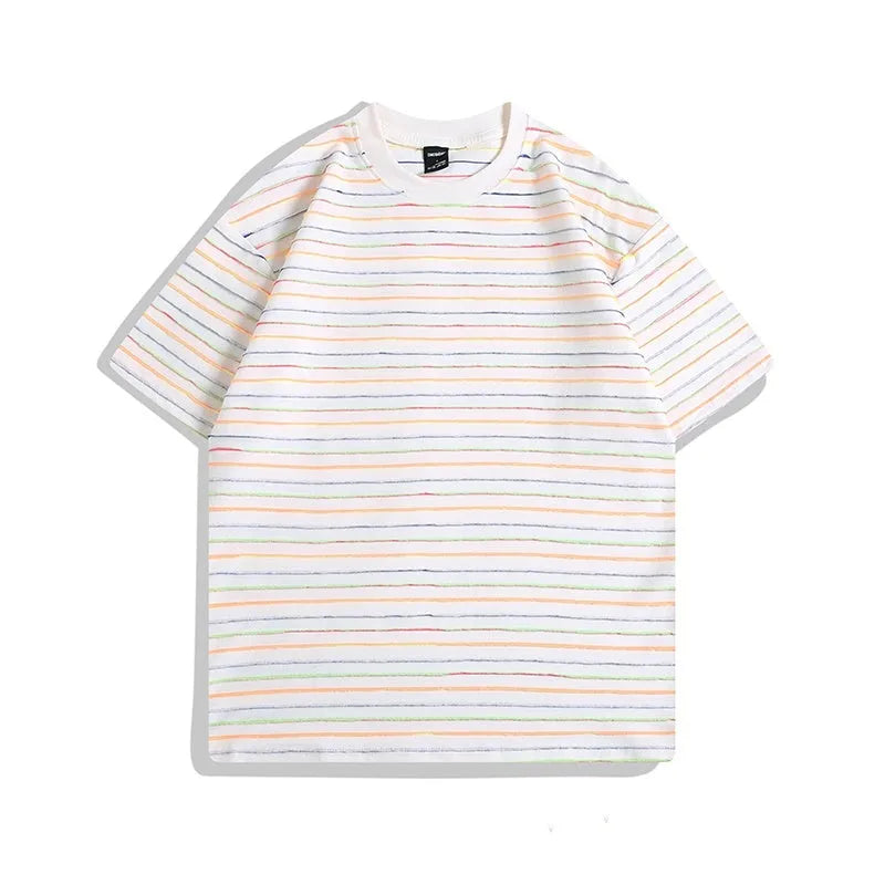 Man wearing a loose-fit striped short sleeve t-shirt with a round neck in a grey colour.