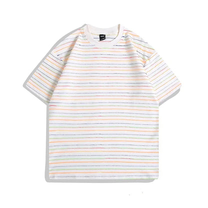 Man wearing a loose-fit striped short sleeve t-shirt with a round neck in a grey colour.