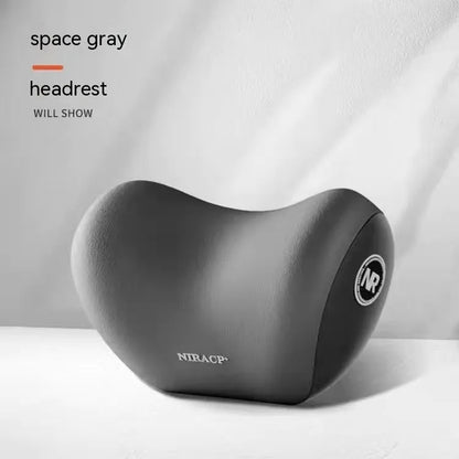 Car headrest pillow and lumbar support pillow set in a choice of five colours on a car seat.