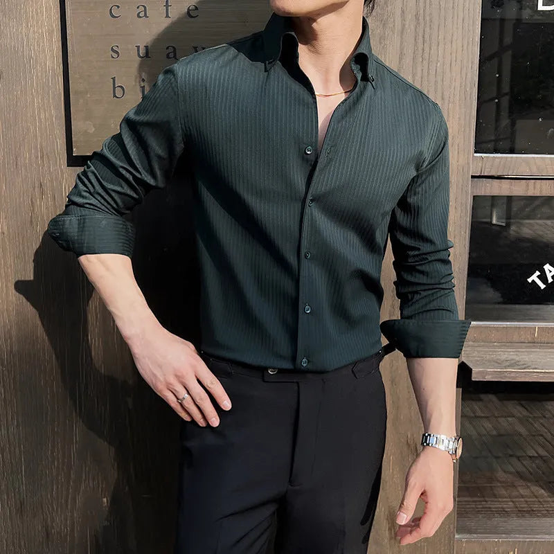 Men's striped V-neck long sleeve shirt in polyester blend available in four colours