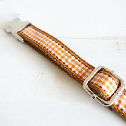 Small brown plaid dog collar in polyester, British style check pattern, available in sizes XS to XL
