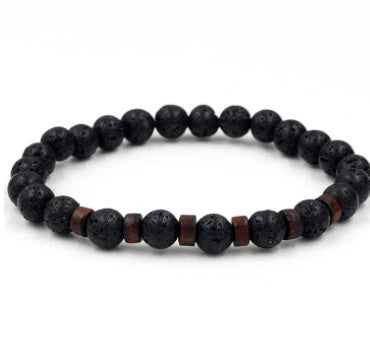 A stylish and durable men's bracelet made with volcanic stone, flash stone, and wood chips