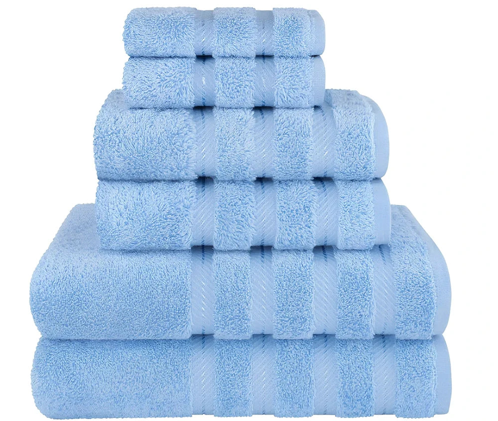 Three-piece long staple cotton towel set in blue: 33x33cm face cloth, 70x33cm hand towel, 70x137cm bath towel