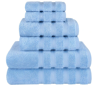 Three-piece long staple cotton towel set in blue: 33x33cm face cloth, 70x33cm hand towel, 70x137cm bath towel