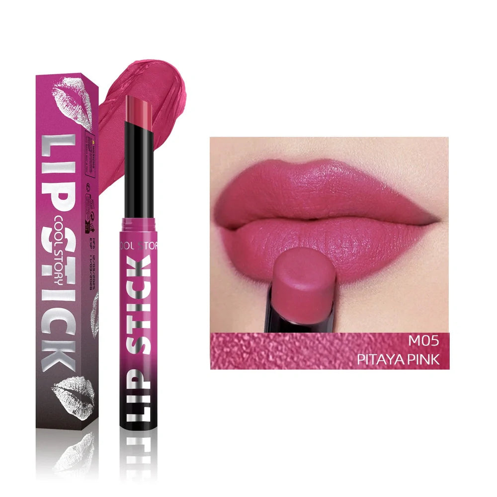Dual-use lipstick and lip gloss stick showing eight shade options from nude to berry colours