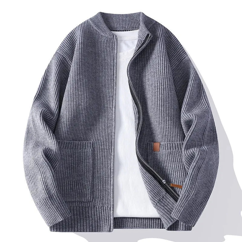 Men's straight-fit striped cardigan jacket in a Vinylon-blend knit, shown in one of five colour options.
