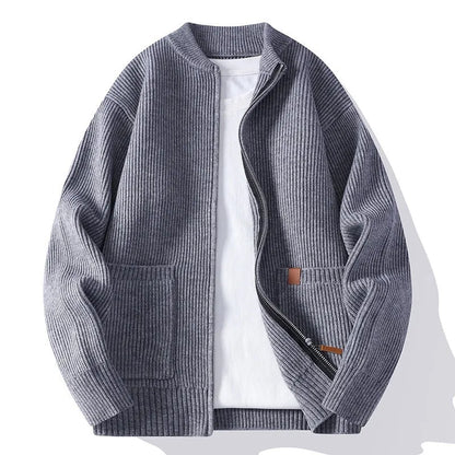 Men's straight-fit striped cardigan jacket in a Vinylon-blend knit, shown in one of five colour options.