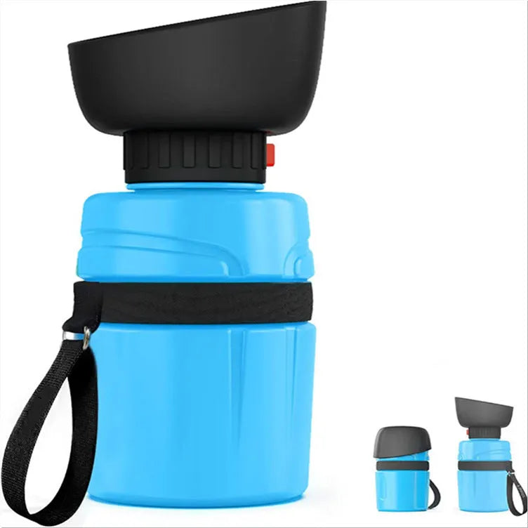 Blue portable dog water bottle with 520ml capacity and integrated sink base.