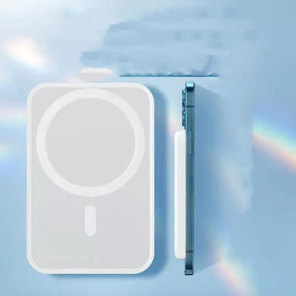 White magnetic wireless charging power bank showing compact size and creative design.