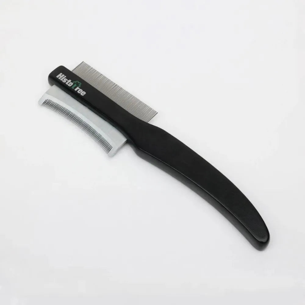 Black double-sided pet hair comb with wooden handle and metal teeth for cat and dog grooming