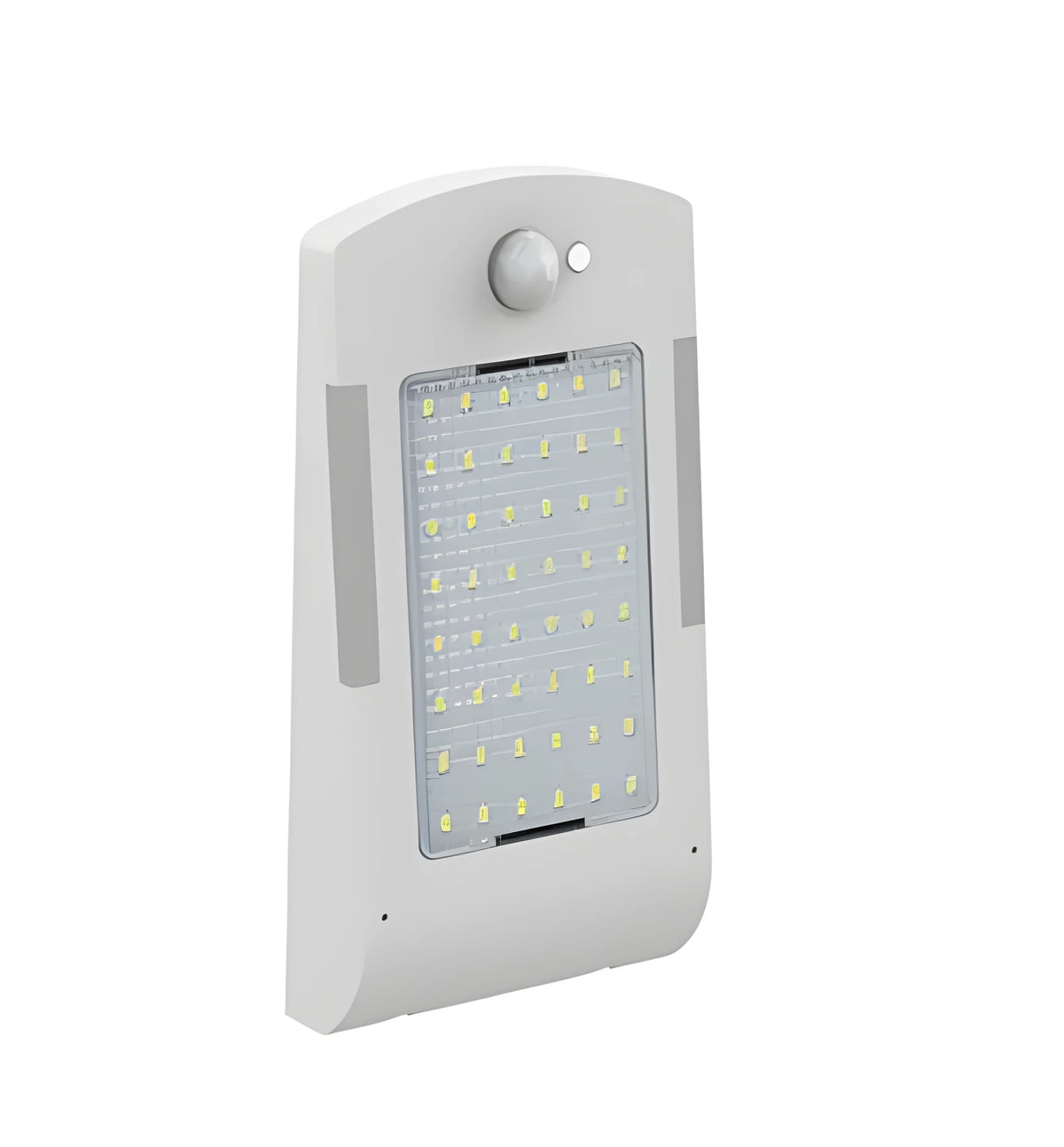 Black and white solar garden light with LED panel shown in wall mount and adjustable rod styles.