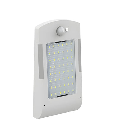 Black and white solar garden light with LED panel shown in wall mount and adjustable rod styles.