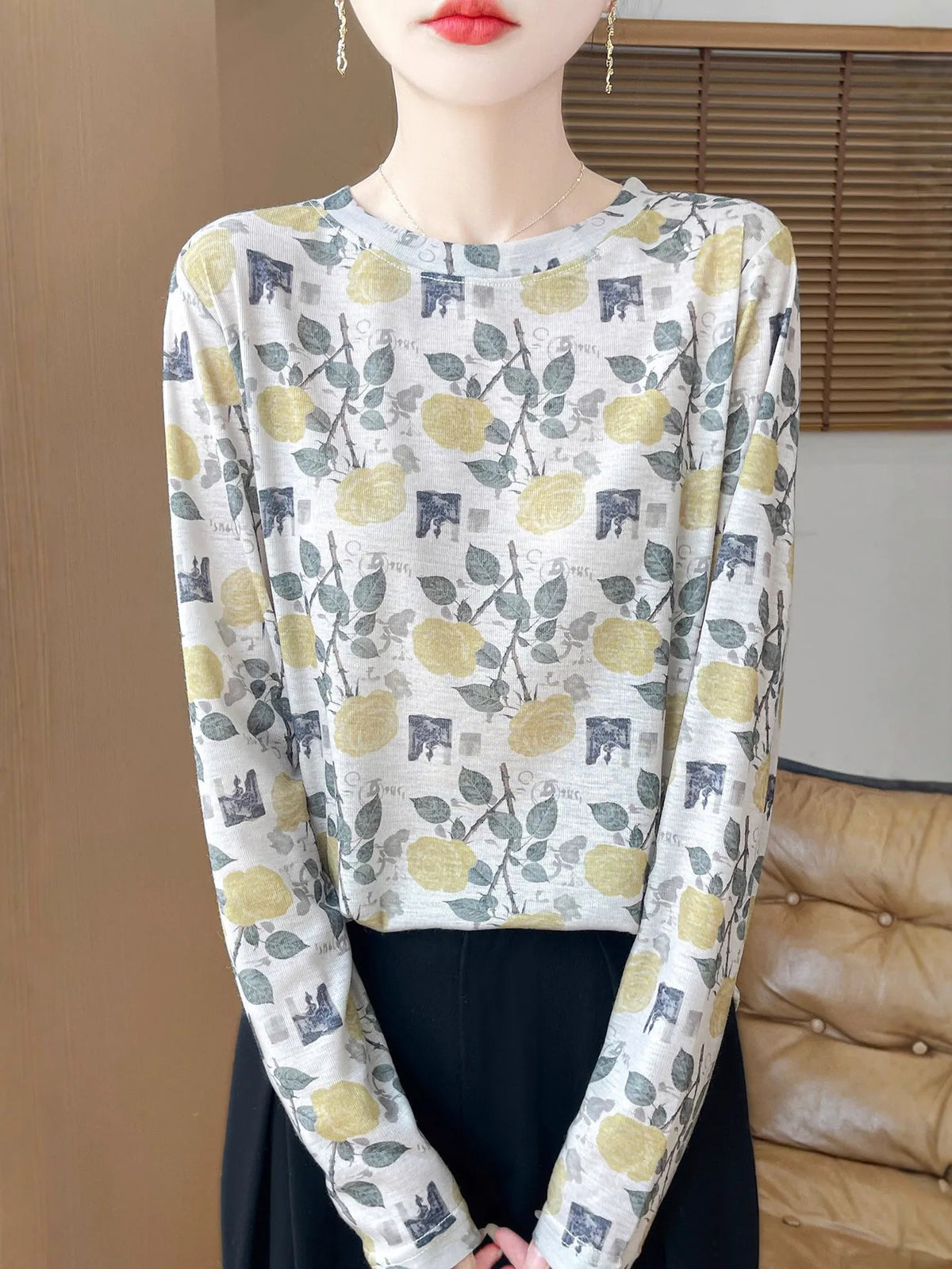Women's round neck floral print pullover in Tencel cotton fabric, shown in a colourway from the range of five designs.