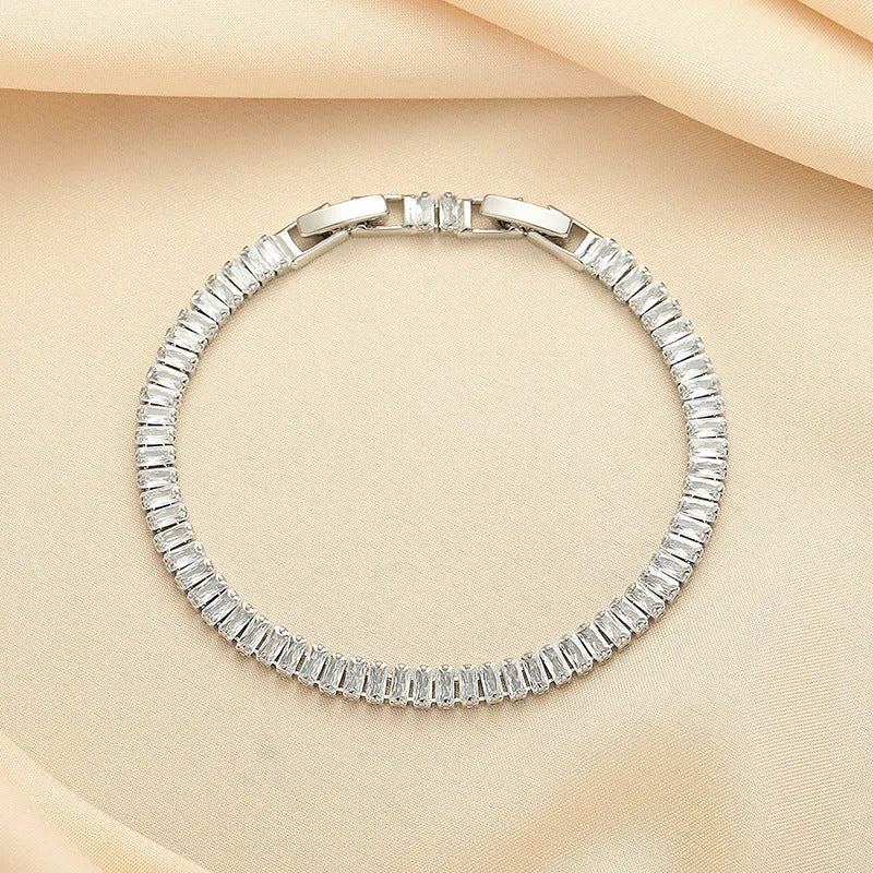 Women's rectangular geometric brass bracelet with full diamond zircon inlay in champagne gold colour