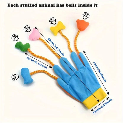 Magic Glove interactive cat toy with bell and trailing elements in yellow and blue colours