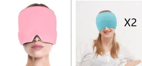 Black elastic cloth gel cold compress eye mask for headache relief on a grey background.