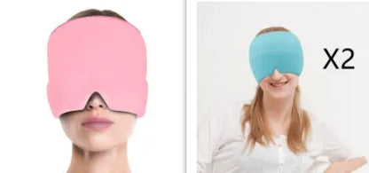 Black elastic cloth gel cold compress eye mask for headache relief on a grey background.