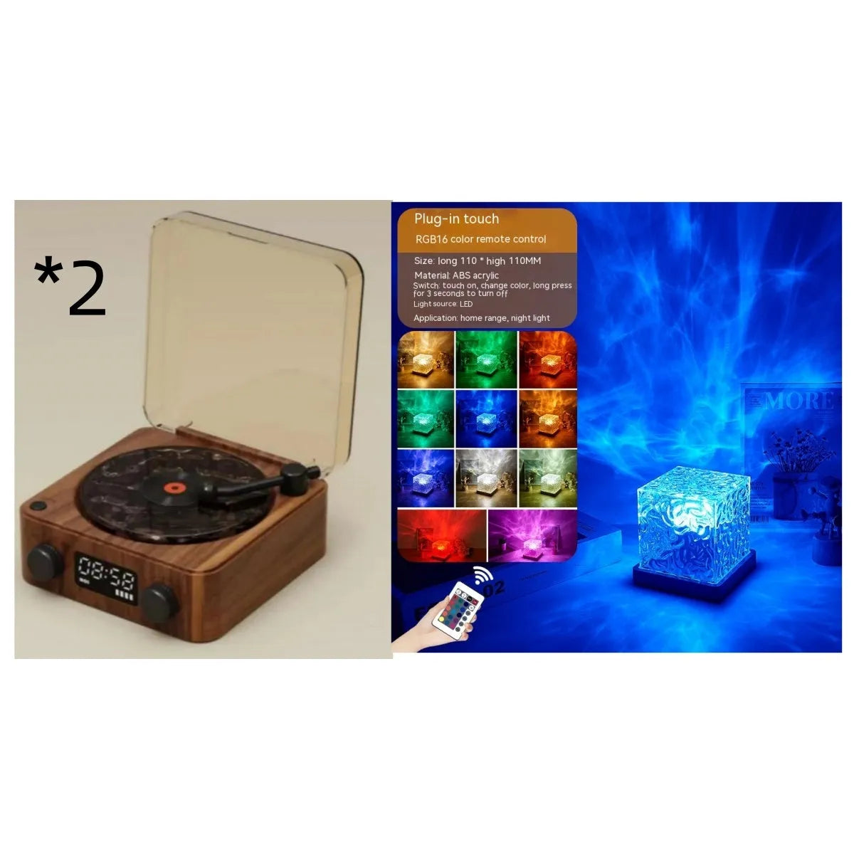 Retro-style turntable Bluetooth speaker with glowing RGB light projection on a wooden surface.