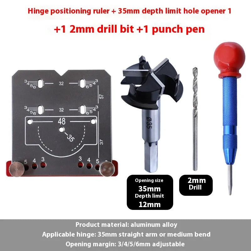 35mm hinge punch locator tool with adjustable margin marks for cabinet installation