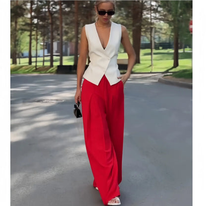 Women's beige polyester two-piece set with deep V-neck sleeveless top and wide-leg trousers