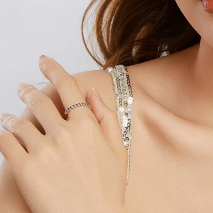 S925 sterling silver Cuban link chain open ring with adjustable opening and polished finish, women's silver ring in SCR1129-E