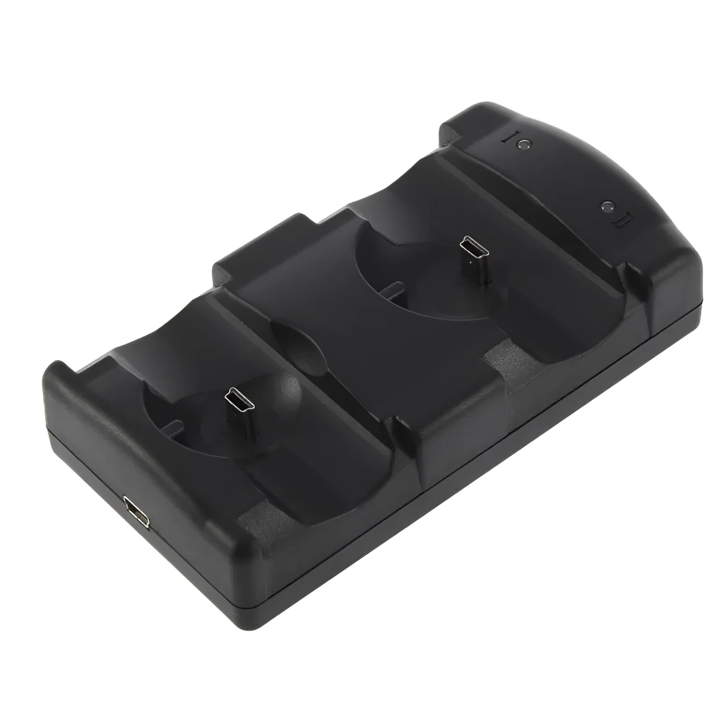 Black PS3 dual charging dock and stand for wireless controllers with USB port.