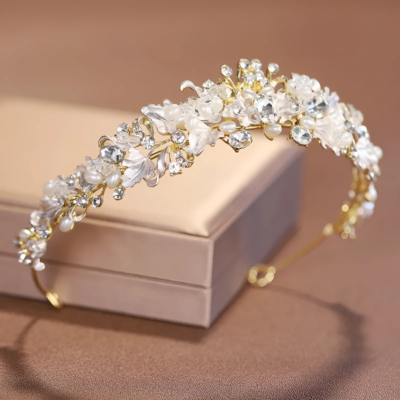 Women's electroplated pearl crown headdress in gold or silver colour for weddings