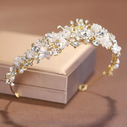 Women's electroplated pearl crown headdress in gold or silver colour for weddings