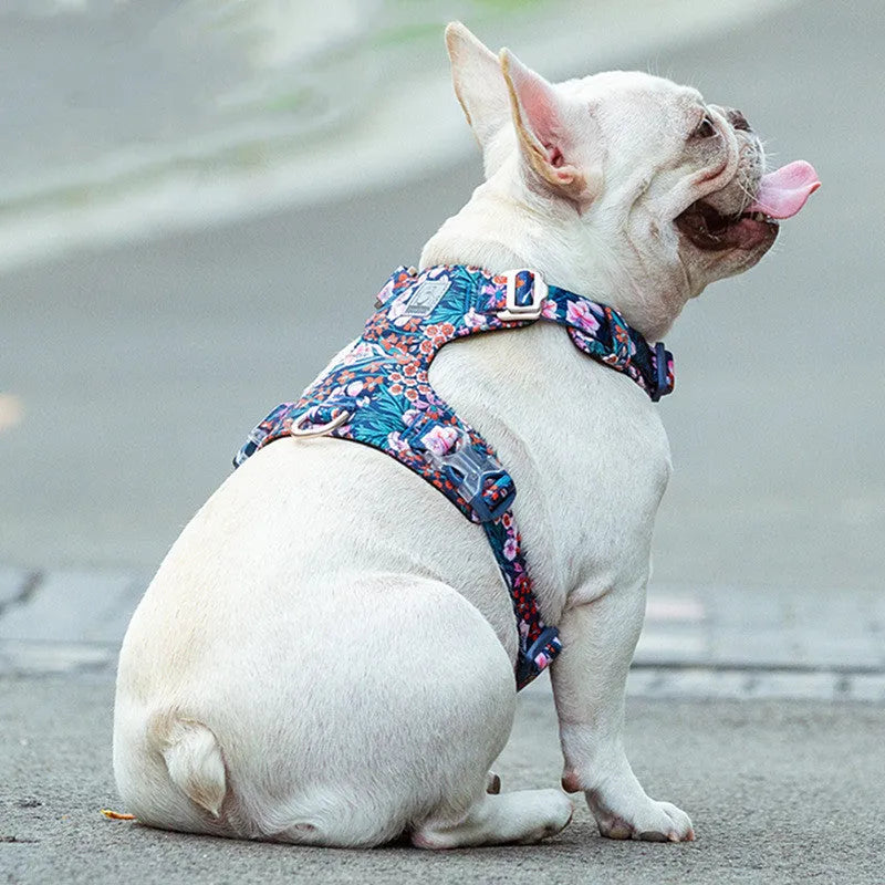 Floral pattern pure cotton pet chest harness strap in red, blue, or green with adjustable sizing