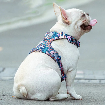 Floral pattern pure cotton pet chest harness strap in red, blue, or green with adjustable sizing