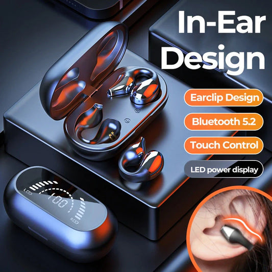 Bluetooth 5.2 ear clip bone conduction headphones in white and black