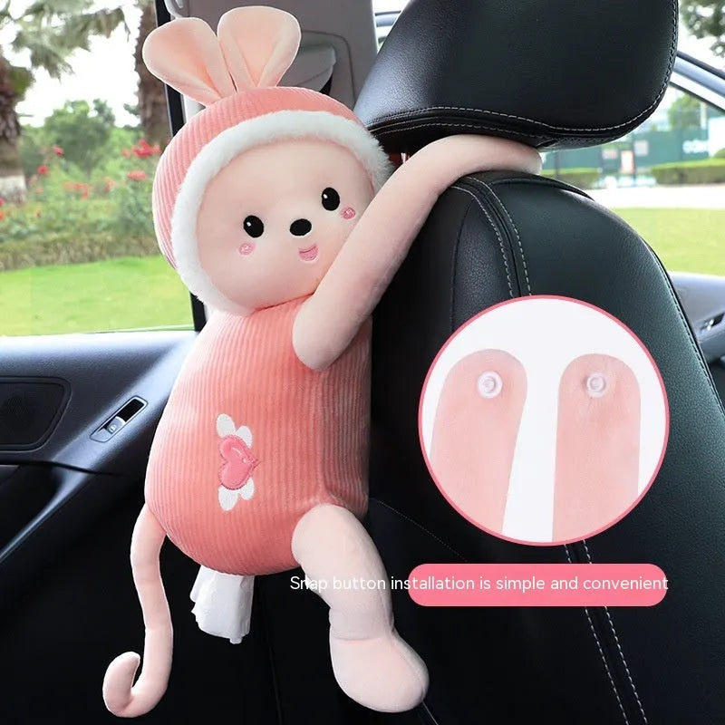 Plush animal design tissue box holder mounted on back of car seat