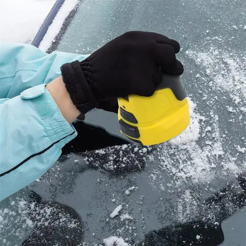 Yellow cordless electric snow scraper with USB charging cable for car window ice removal
